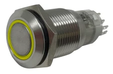Yellow LED Stainless Metal Latching Push Button Switch On Off 12V 19mm Mounting
