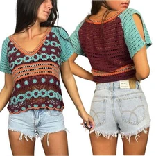 Vintage Y2K Crochet Top Moda International Victoria Secret Western Festival XS