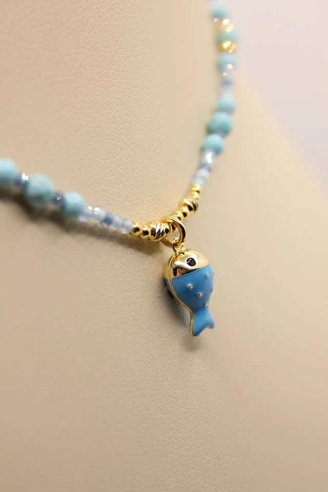 COLLANA ARGENTO DONNA TURCHESE SPINELLO EMATITE PESCIOLINIO SMALTATO CM 40-45 - Immagine 4 di 4