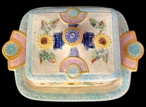 ENGLISH MAJOLICA SUNFLOWER & URN SARDINE BOX BY SAMUEL LEAR.....RARE! CA.1880 - Picture 2 of 11
