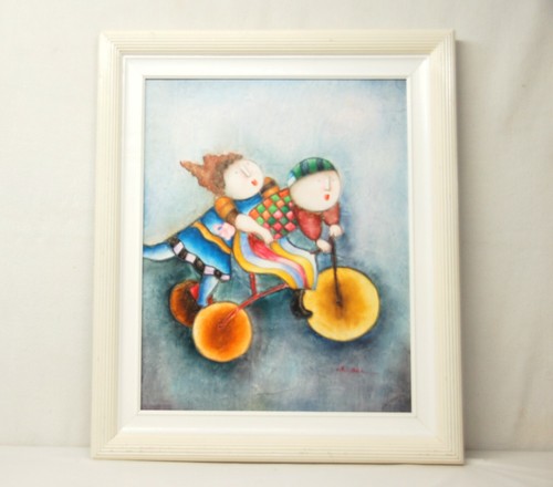 Joyce Roybal Signed Original Oil on Canvas Painting "TWO ON A BIKE" Framed 24x20 - Picture 9 of 9