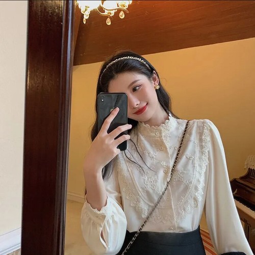 Vintage Lolita Damen Bluse Victorian Gothic Spitze Plissee weiß Prinzessin Shirt - Bild 12 von 14