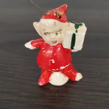 Vintage Christmas Ornament White Ceramic Elf with Present Hanging Holiday 2"