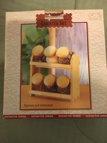 Distinctive Dining 6 Piece Glass Spice Jar Set With Wood Rack NIB - 第 3/5 張圖片