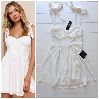Lulus Eternally Charming Crushed Velvet Tie Strap Mini Dress Ivory White L Bride