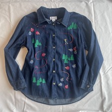 VTG Westbound Denim Christmas Shirt XL Embroidered Skier Trees Holiday 90s