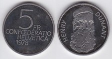 Switzerland - 5 Francs 1978 aUNC 150th anniversary of the birth of Henri Dunant
