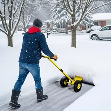 Adjustable Snow Plow Push Shovel 29x18in T-Handle with Wheels for Driveway Paths