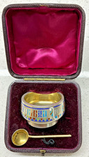 RUSSIAN ANTIQUE SOLID SILVER & ENAMEL OPEN SALT & SPOON CASED TOP QUALITY
