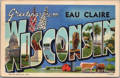 #ad Eau Claire WISCONSIN Large Letter Postcard Dairy Farm Scene Curteich Linen 1945 $5.06