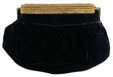 VTG BLACK VELVET CLUTCH EVENING BAG GLASS BEAD ACCENTS HAND STRAP PURSE HANDBAG
