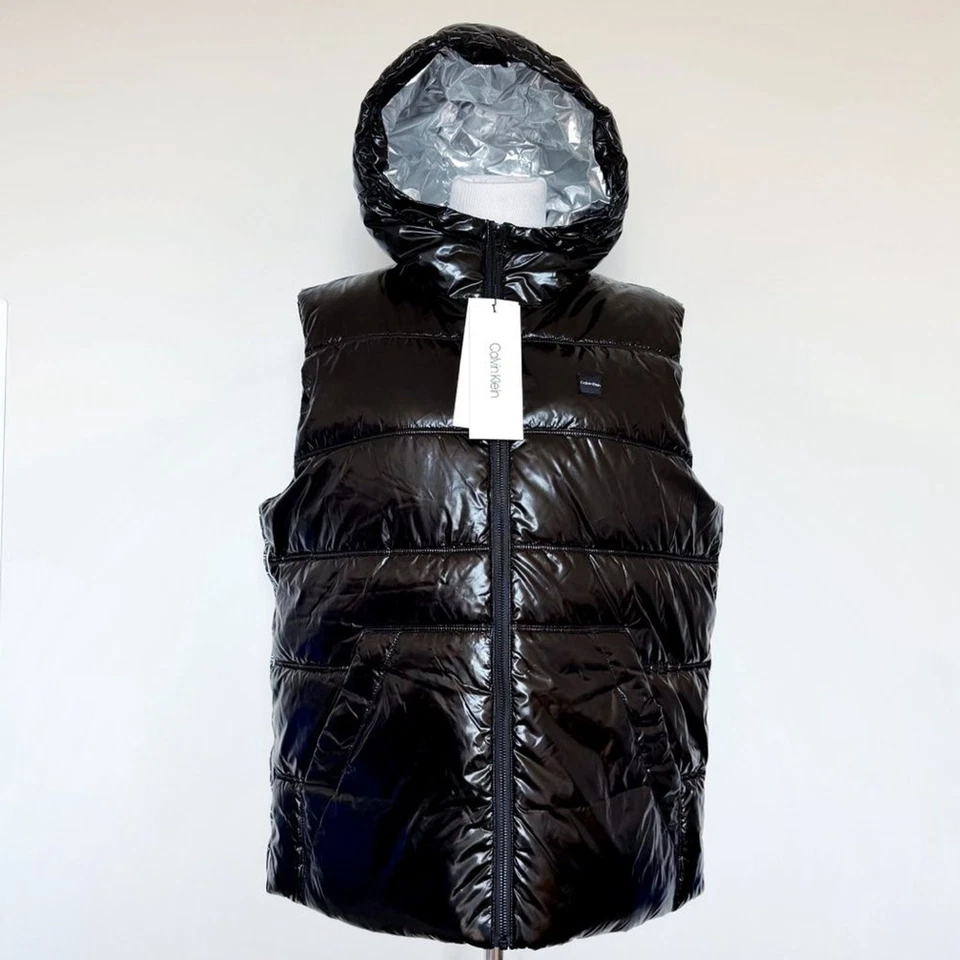 Calvin Klein Hooded Puffer Vest Mens Size Medium Shiny Black Chrome Silver Hood - Image 2 of 4