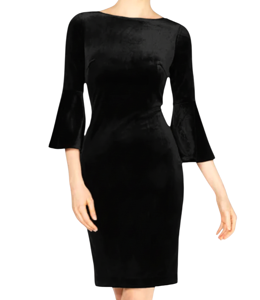 CALVIN KLEIN Black Velvet Sheath Dress BELL SLEEVES Gold Zipper COCKTAIL sz  12 | eBay