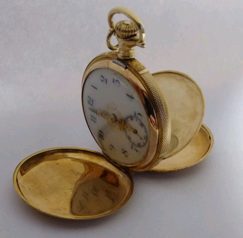 1904 Waltham 0s Solid 14k Gold Hunter Pocket Watch Seaside Fancy Dial Running - Picture 10 of 18