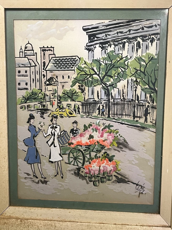 VTG ORIGINAL OILD HAND PAINTED ON SATIN PARIS FLOWER CART FRAMED ART 14.5 X 17.5 - Image 2 of 4