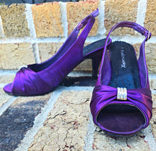 Vintage Purple Satin Slingback Kitten Open Toe Y2k Buckle Rhinestones Heels 6