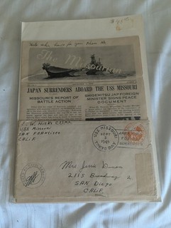 WWII Pearl Harbor USS Missouri envelope & newsletter Missourian Sept 10 1945 lot