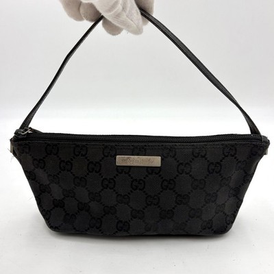 Auth GUCCI GG Canvas SV Plate Accessory Pouch Handbag Black 039 1103 2Y9577