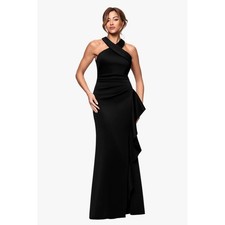 Xscape Scuba Crepe Sleeveless Leg Slit Ruffle Floor Length Dress Black Sz 4 NWT