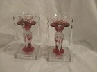 Pair VTG Westmoreland Glass  Ruby Iridescent 2 Candlesticks & 2 Crystal Bobeche — photo 2