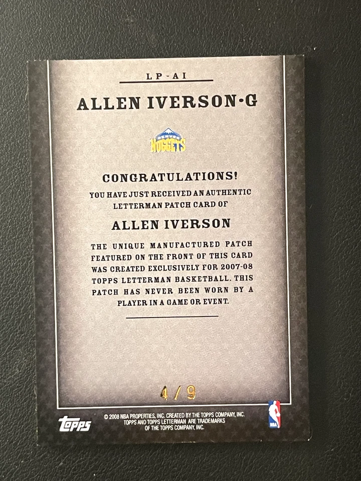 2007-08 Topps Letterman Patches ALLEN IVERSON 4/9 denver nuggets Card NICE RARE - Image 2 of 2