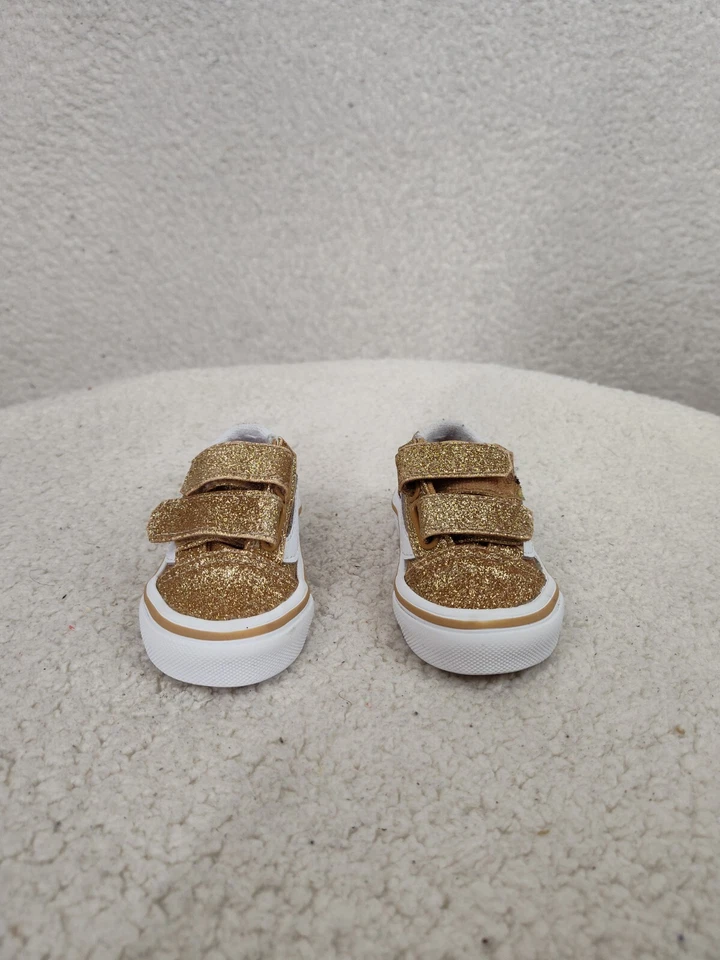 Vans Old Skool Zapatillas para Niños Pequeños 2 Dorado Brillo Gancho Lazo Parte Superior Baja Zapatos Informales Foto 2 de 4