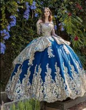 Blue Beaded Long Sleeve Quinceanera Dresses Lace Appliques Sequined Sweet 15 16