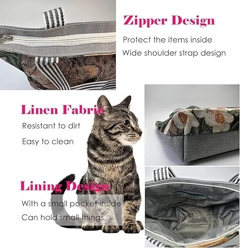 Tote Bag with Zipper Pockets CAT Printed Large Capacity Canvas Handbag for Women - Image 3 of 4