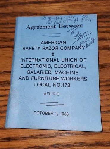 1988 Agreement Booklet American Safety Razor International Electric Radio Union