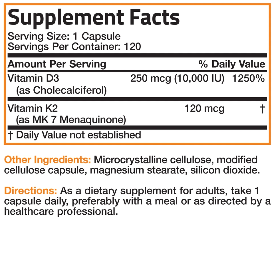 Vitamina K2 (MK7) + D3 Extra Fuerza Salud Ósea y Cardíaca No OGM, 120 Cápsulas Foto 4 de 4