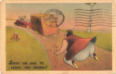 Chubby Woman Chasing After Trailer, Sorry We Had To Leave You Behind! Postcard