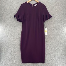 Calvin Klein Dress Womens 8 Purple Sheath Crepe Ruffle Sleeve Career Knee NWT