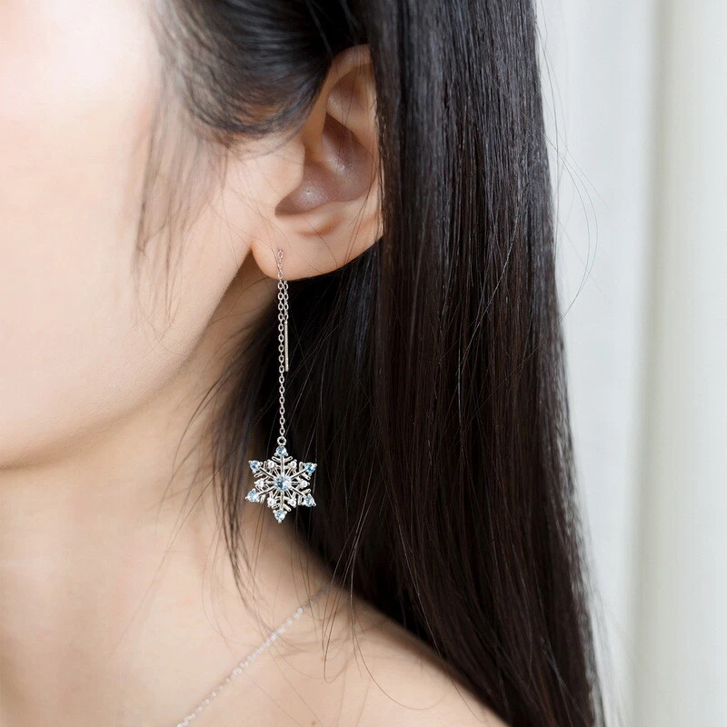 925 Sterling Silver Snowflake Drop Dangle Long Blue Spinel Earrings for Women - Image 2 of 4