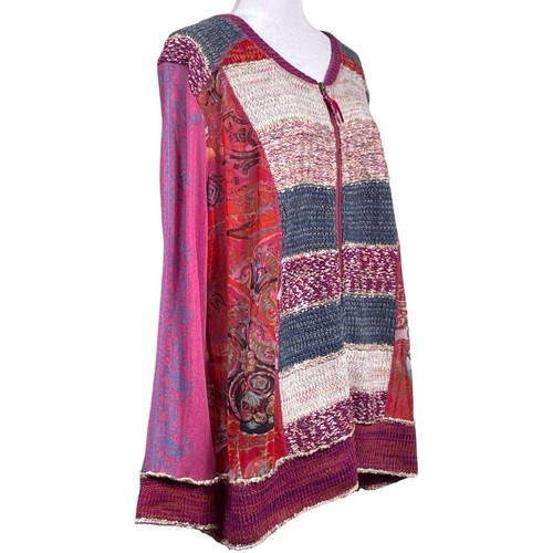 KAKTUS Zip Up Cardigan Sweater Jacket Size 3X Patchwork Knit Mesh Colorful Pink - Picture 8 of 16