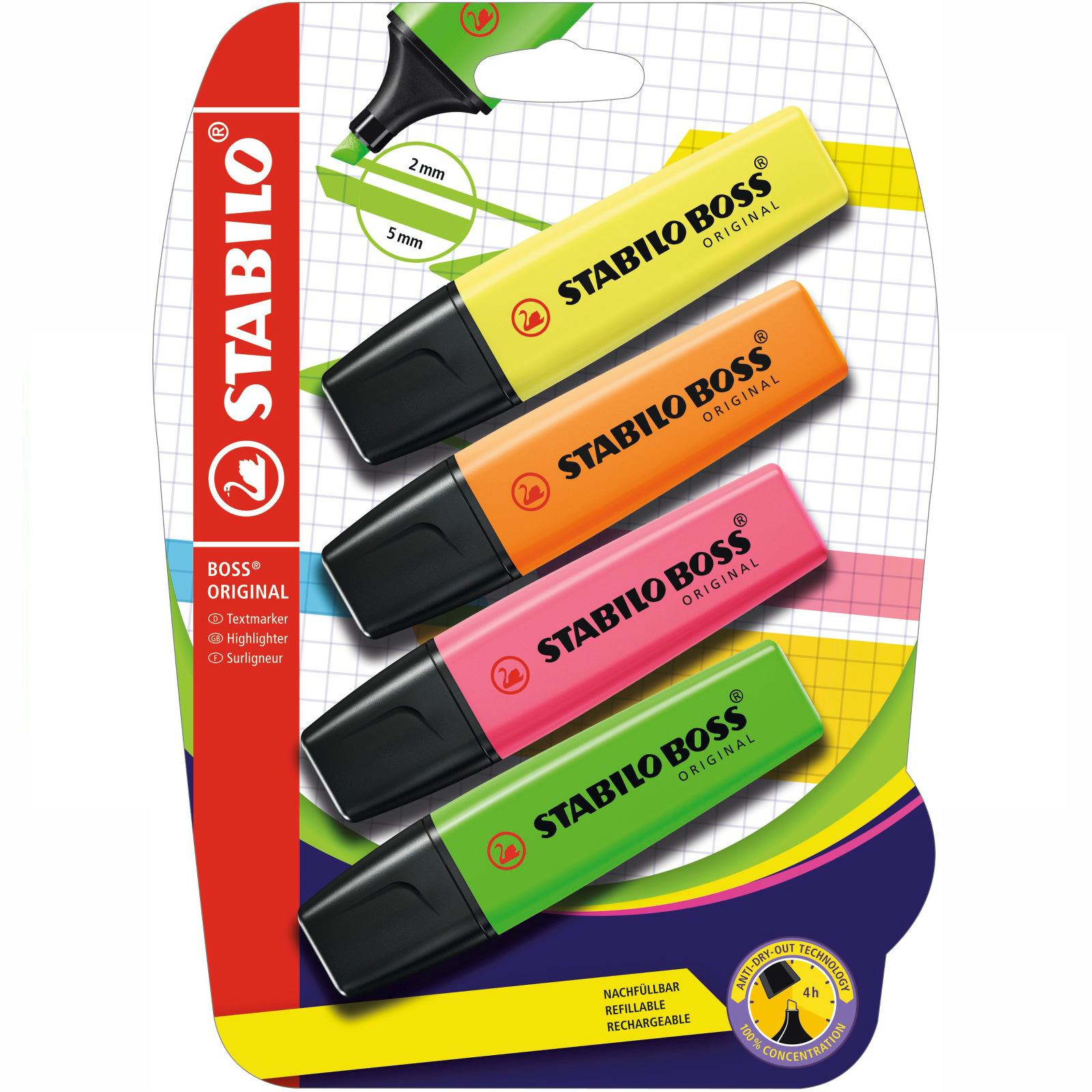 Highlighter - STABILO BOSS ORIGINAL - Pack of 4 - Yellow, Orange, Green, Pink