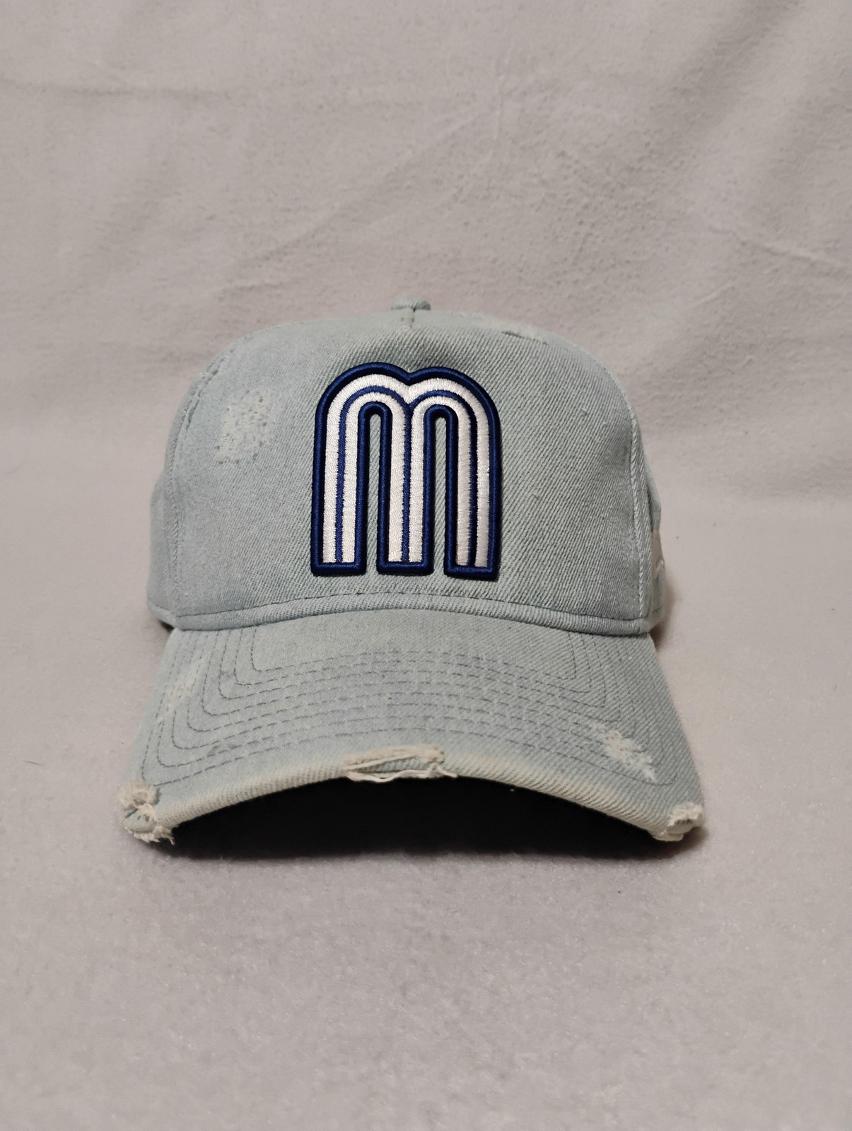 New Era Hat Cap Snap Back Mens One Size Blue Denim 9FORTY M Logo Distressed