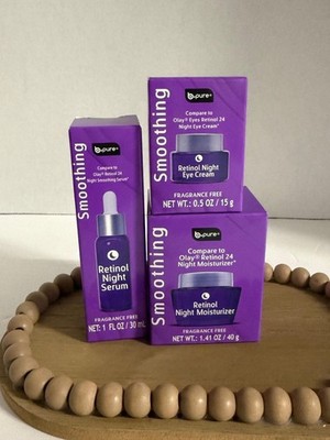 b.pure Smoothing Retinol Night Skincare Set: Serum 1oz, Moisturizer 1.41oz, Eye