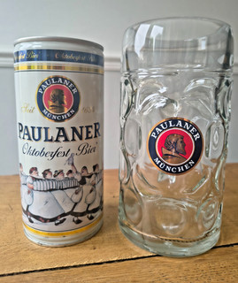Paulaner Munchen 1 Litre Dimpled German Oktoberfest Stein Glass & Empty Beer Can