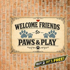 Welcome Dog House Paw Prints Aesthetic Vintage Metal Sign Pet Home Decor