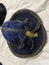 Mexican Blue Sombrero with Gold Trim and Decorative Feather