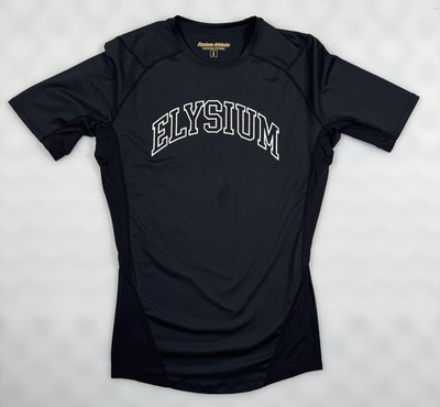 Elysium Athletic Men s Compression Shirt Black Short Sleeve Size L Logo Gym