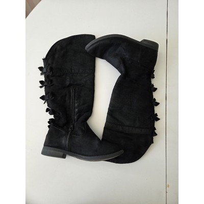Cat & Jack Girls Knee High Riding Boots Size 2 Bow Back Zip-Up Faux Suede Black