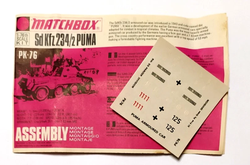 MATCHBOX  USATO 1:76 KIT MEZZO MILITARE SD KFZ 234/2 PUMA CON DIORAMA   PK-76 - Immagine 4 di 4