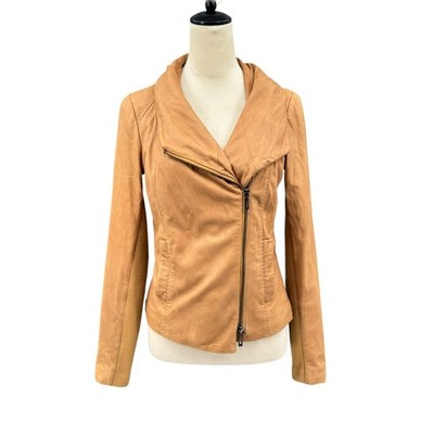 Vince S Caramel Brown Soft Goat Leather Wool Trim Asymmetrical Zip Moto Jacket