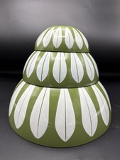 Catherine Holm Green Lotus Enamel Bowls MCM Avocado White Leaf 5.5"/ 8" / 11"