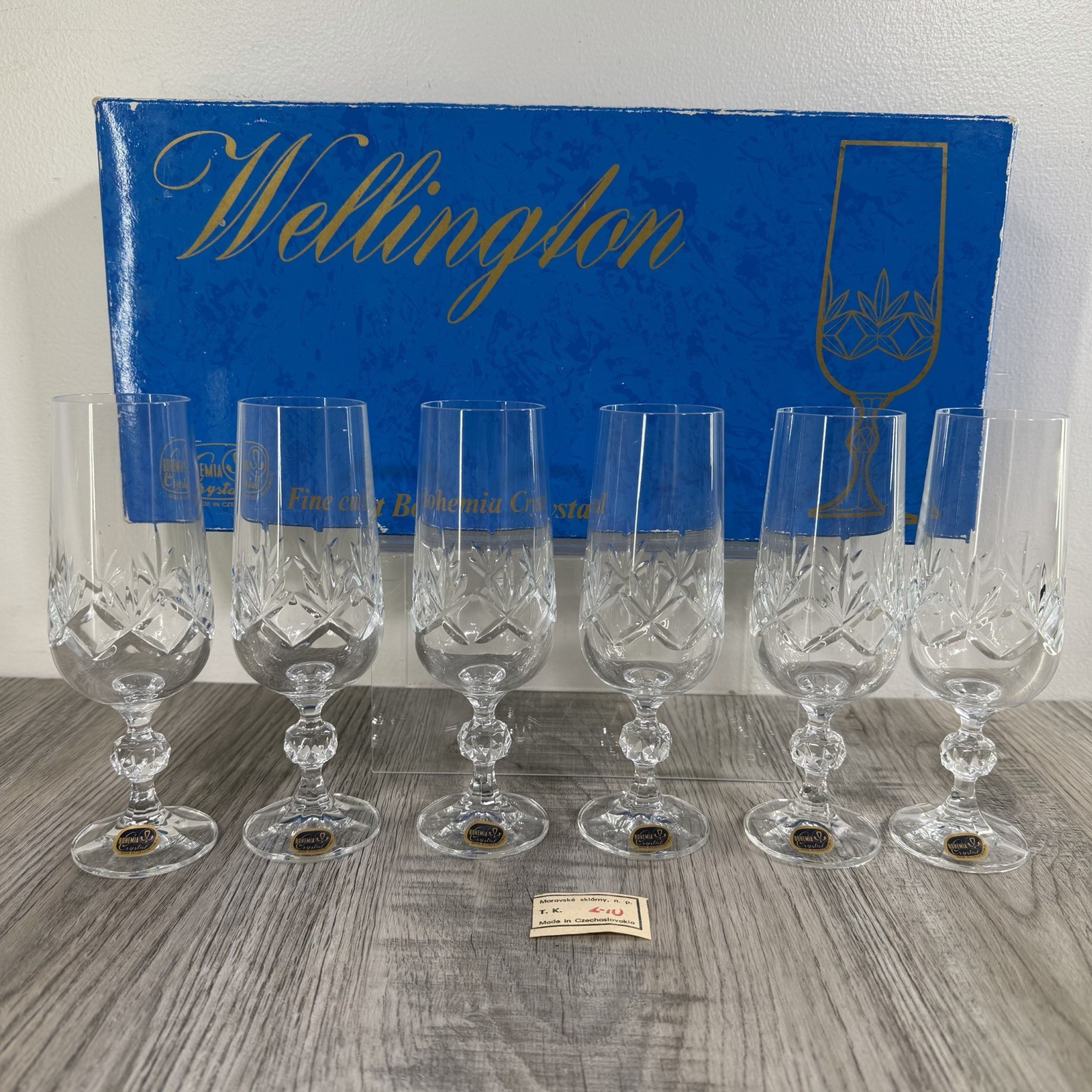 Set of 6 Boxed Vintage Champagne Flutes Cut Crystal Bohemia Czech Republic