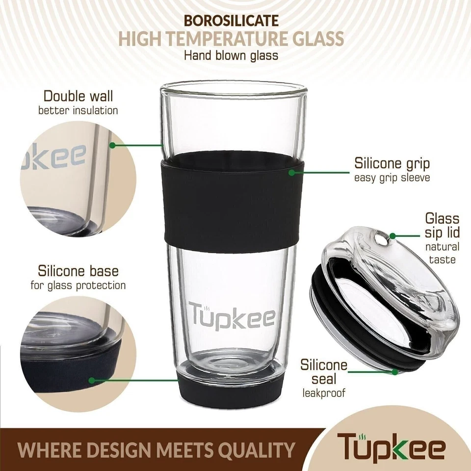 Tupkee Double Wall Glass Tumbler, 14oz All Glass Coffee Travel Mug & Lid, 2 Pack - Image 3 of 4