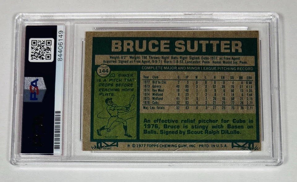 1977 Topps BRUCE SUTTER PSA GEM MT 10 SIGNED/INSCRIBED RC Rookie Card #144 CUBS - Image 2 of 2
