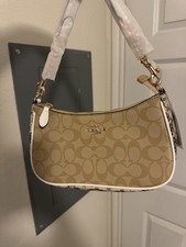 Coach Signature Beige Zip Shoulder Bag w/ Detachable Strap  Gold Hardware