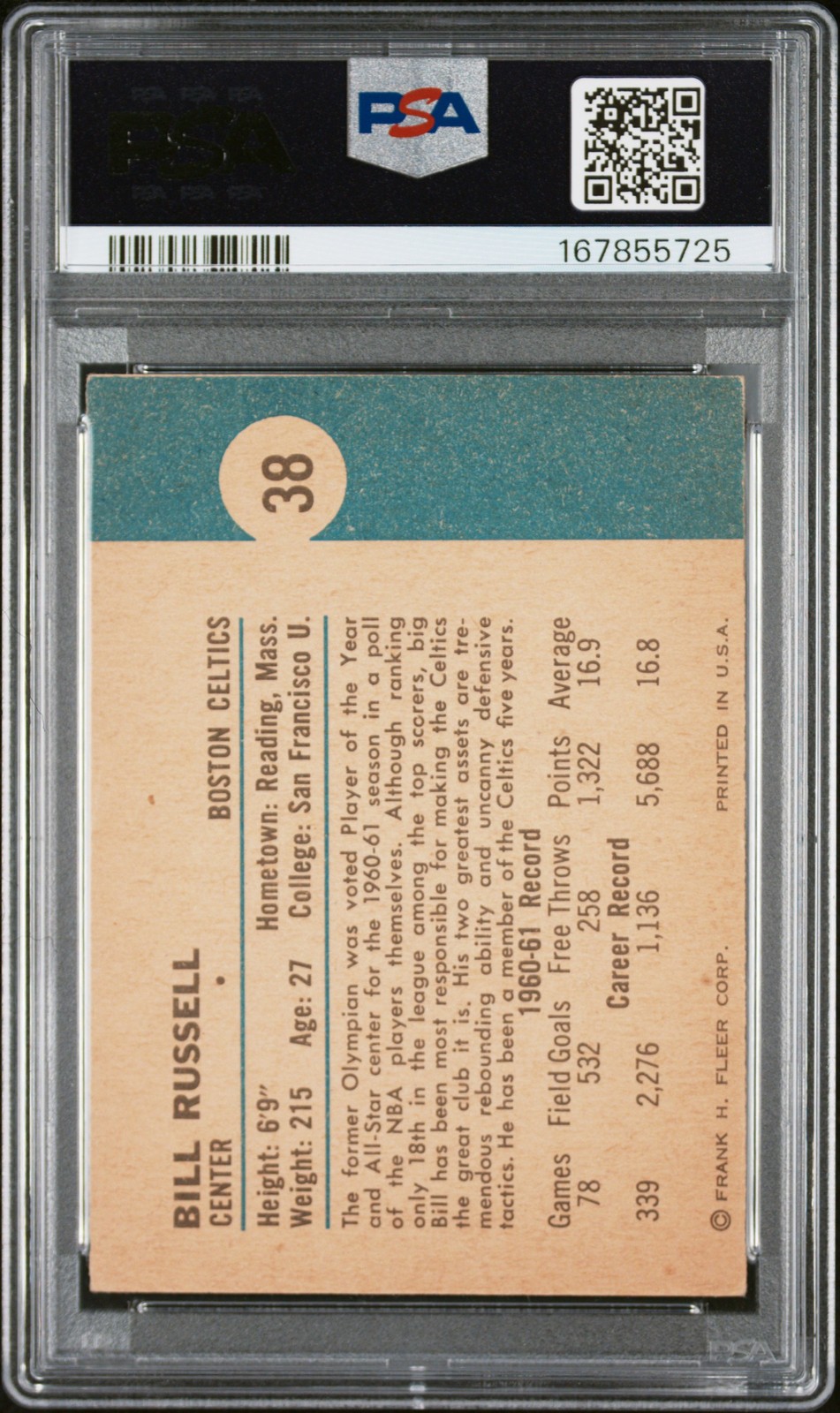 1961 FLEER #38 BILL RUSSELL PSA 3 view 2